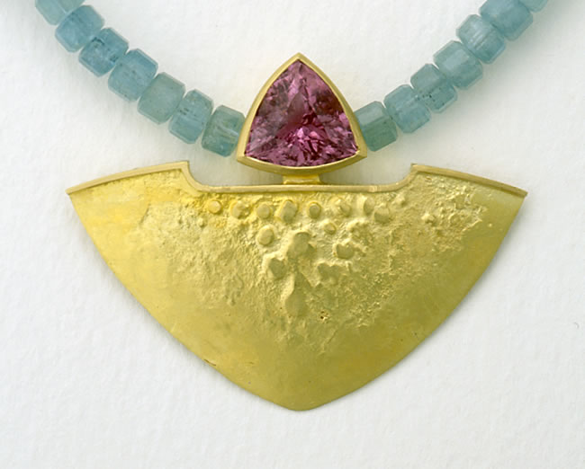 Munich Muse necklace in gold with pink Tourmaline and Aqua-marine crystal beads
